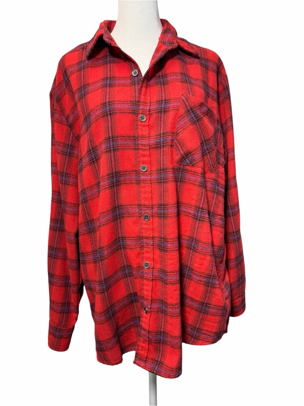 Red Plaid Flannel Button Down Oversized Shirt Size L Cabincore Lumberjack Fall